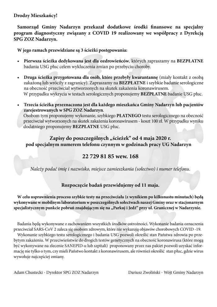 Specjalny program diagnostyczny związany z COVID 19 Gminy Nadarzyn i SPG ZOZ Nadarzyn