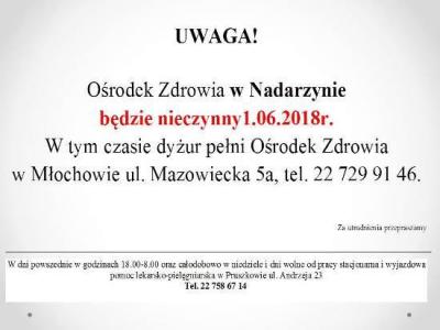 Uwaga 1 czerwca Ośrodek Zdrowia w Nadarzynie będzie nieczynny
