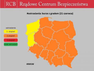 Zespół Zarządzania Kryzysowego Starostwa Powiatowego w Pruszkowie ostrzega przed burzami i gradem